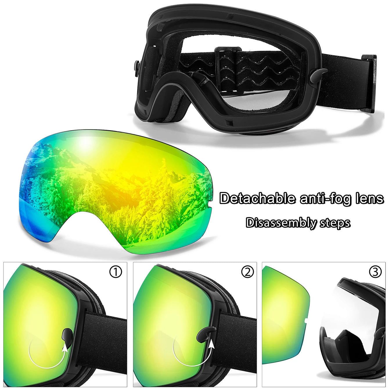 Anti-Fog Ski Goggles - UV400 Protection, Replacement Lenses & Complimentary Accessories