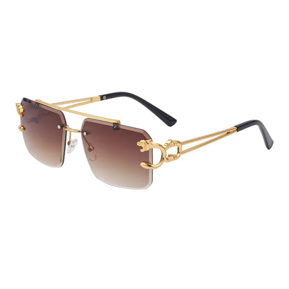 Rimless Metal Sunglasses – Leopard Design, Double Bridge, UV400