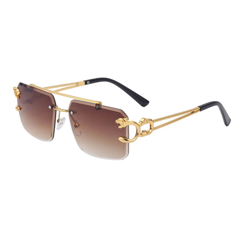 Rimless Metal Sunglasses – Leopard Design, Double Bridge, UV400